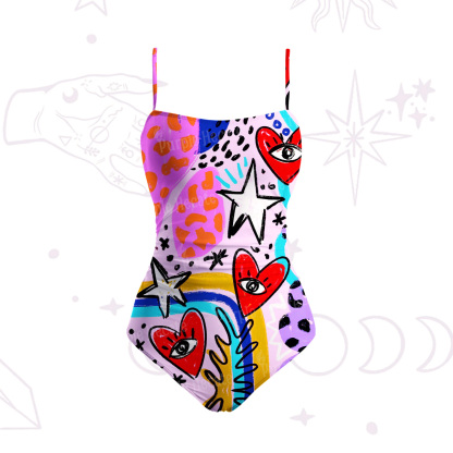 Purplehecate Cosmic Love Eyes Graffiti Slim-Strap Swimsuit