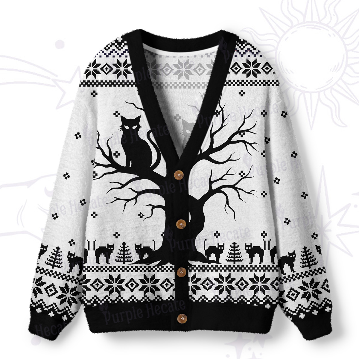 Purplehecate Moonlit Tree Guardian Black Cat Ugly Cardigan Sweaters