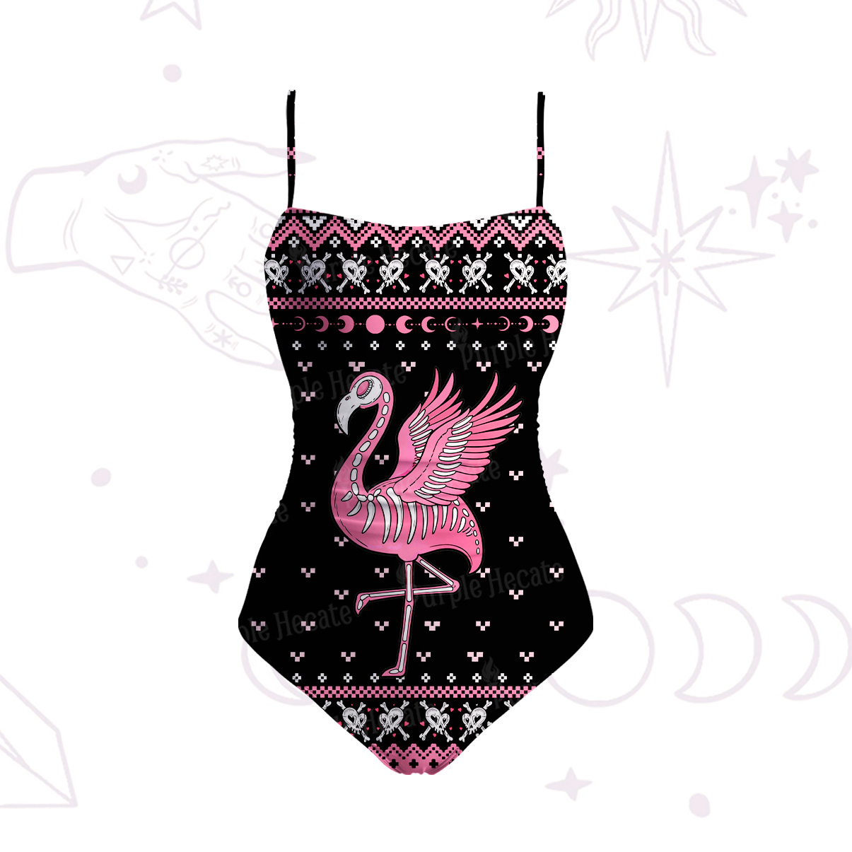 Purplehecate Witchy Pink Flamingo Skull Slim-Strap Swimsuit