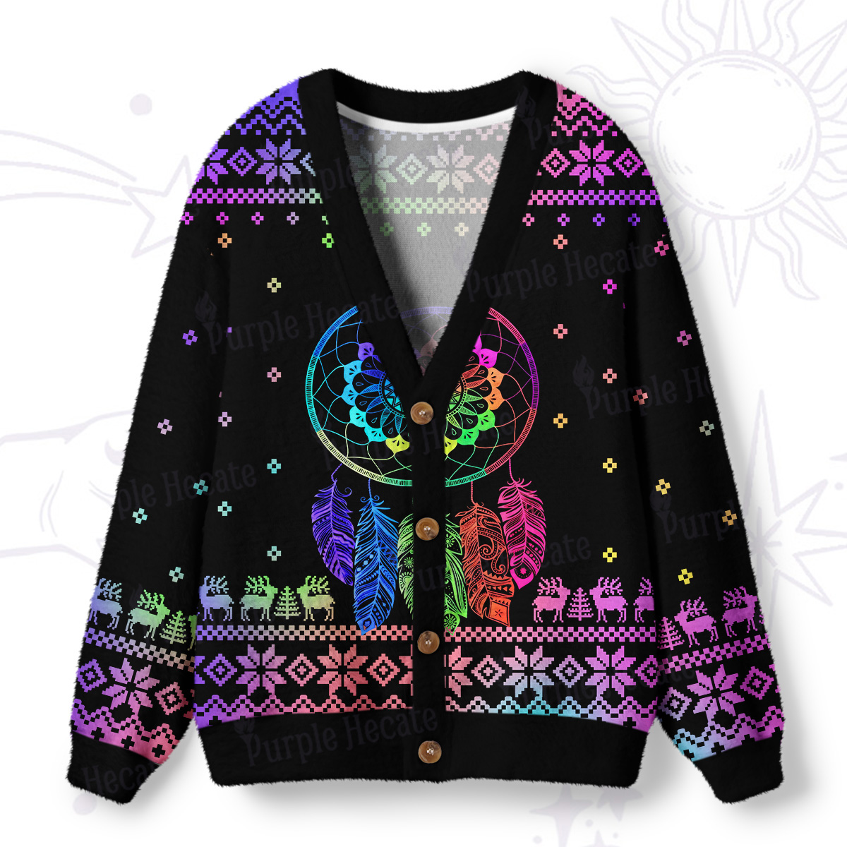 Purplehecate Rainbow Dreamcatcher Ugly Cardigan Sweaters