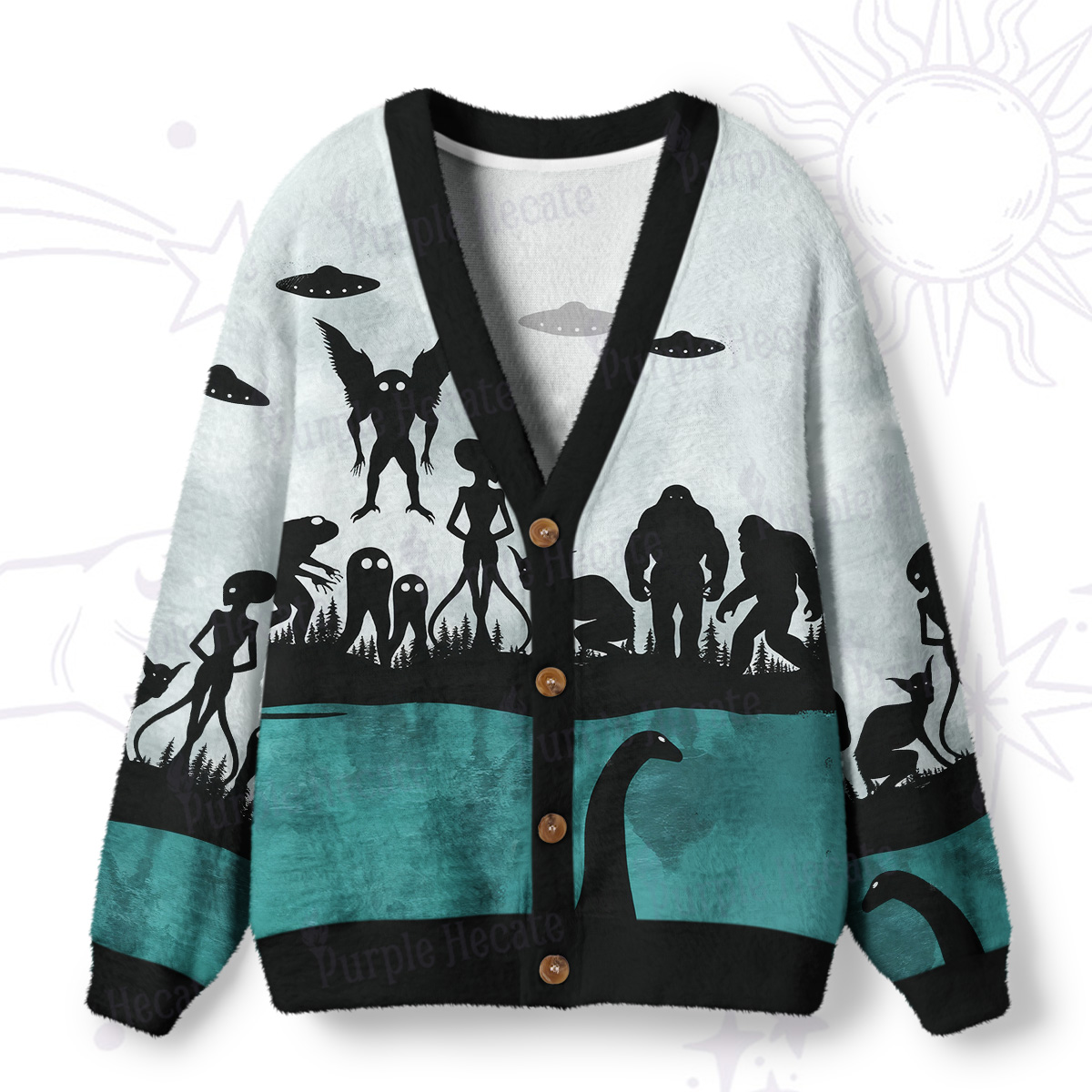 Purplehecate Alien Lake Monster Encounter Ugly Cardigan Sweaters
