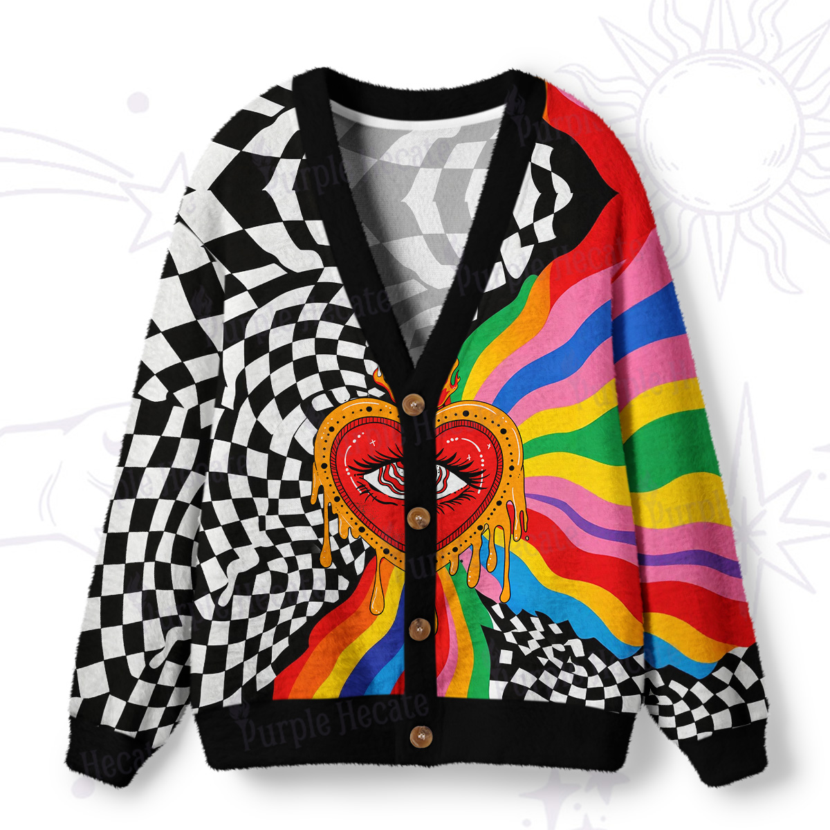 Purplehecate Trippy Rainbow Heart Eye Knit Ugly Cardigan Sweaters