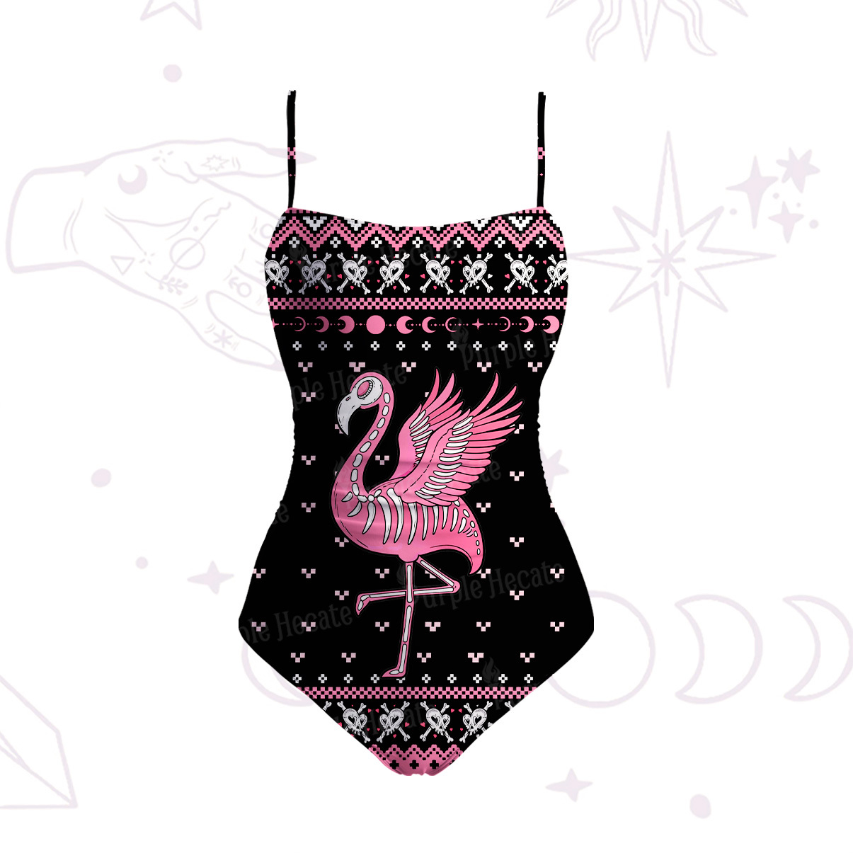 Purplehecate Witchy Pink Flamingo Skull Slim-Strap Swimsuit