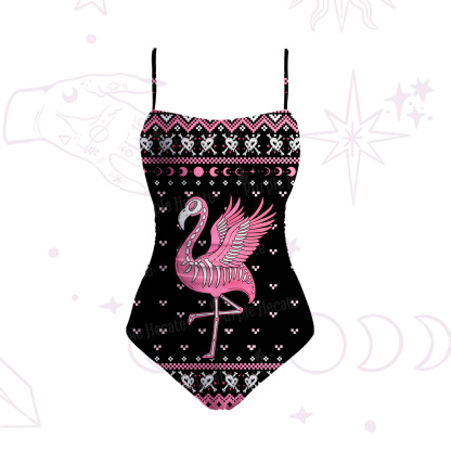 Purplehecate Witchy Pink Flamingo Skull Slim-Strap Swimsuit