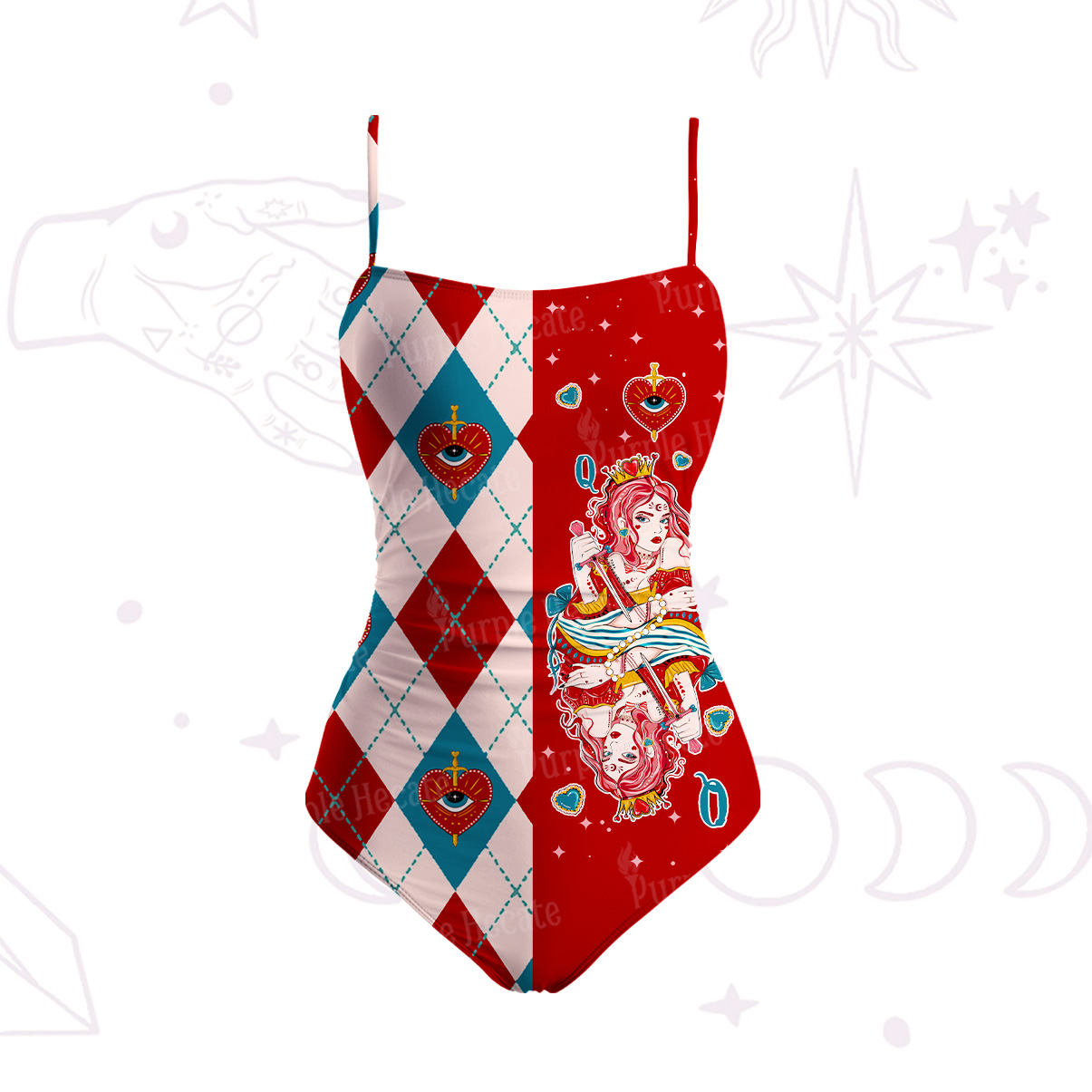 Purplehecate Queen of Hearts Slim-Strap Swimsuit