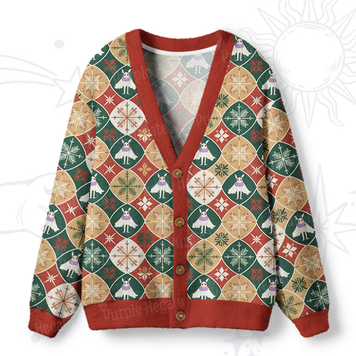 Purplehecate Retro Mothman Snowflake Ugly Cardigan Sweaters