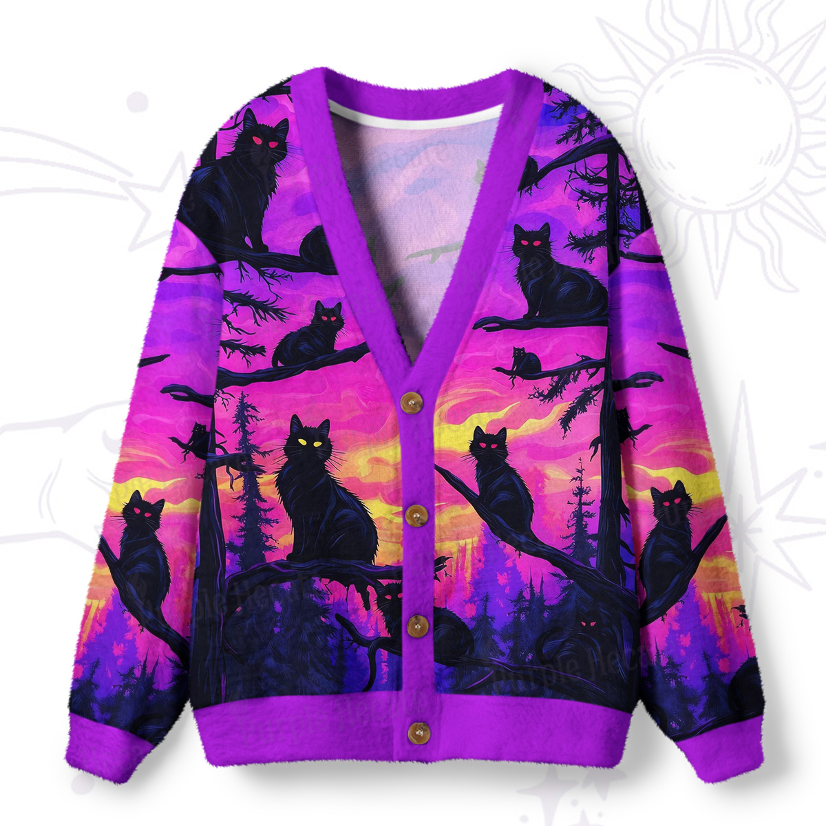 Purplehecate Twilight Forest Guardian Cat Ugly Cardigan Sweaters