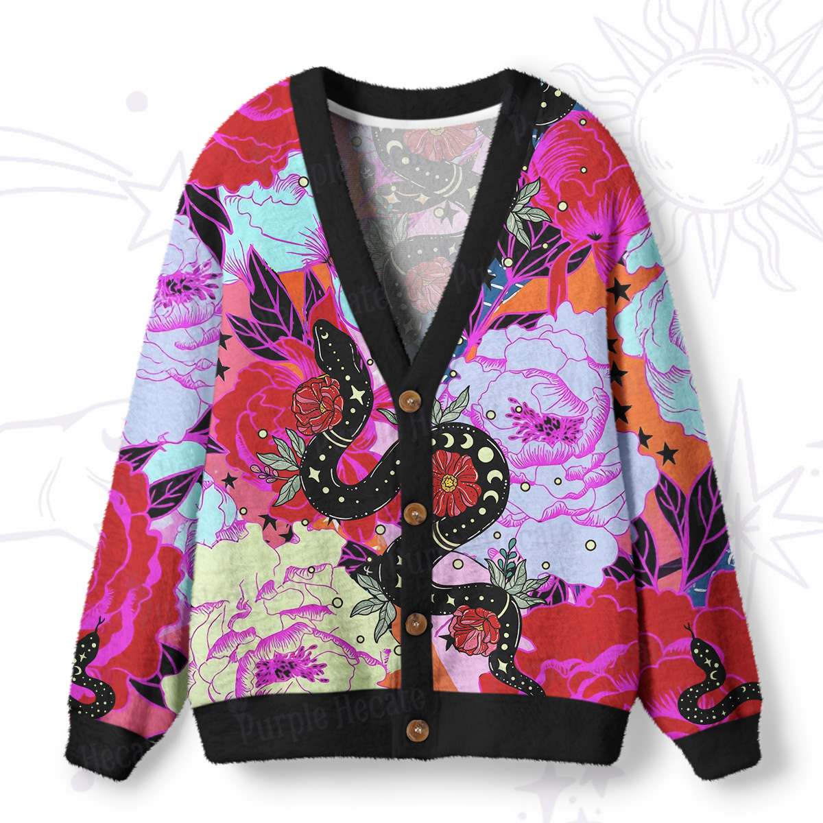 Purplehecate Enchanted Black Serpent & Floral Pattern Ugly Cardigan Sweaters