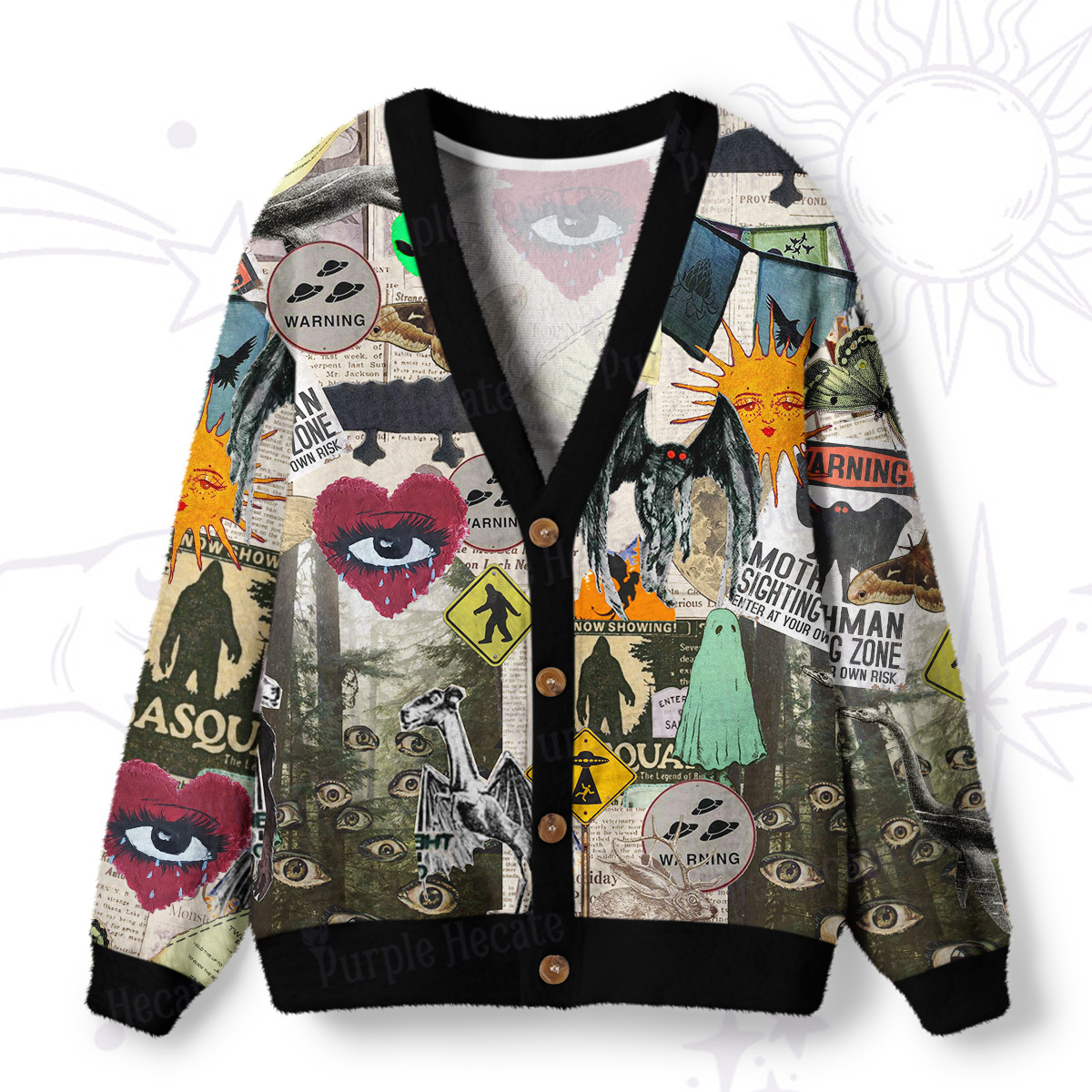 Magic Purplehecate Cryptid Warning Collage Ugly Cardigan Sweaters