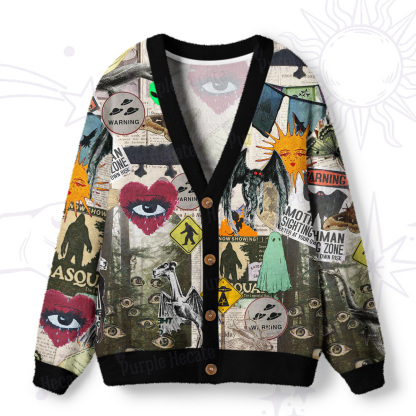 Purplehecate Cryptid Warning Collage Ugly Cardigan Sweaters