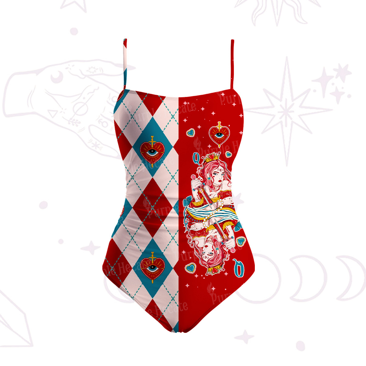 Purplehecate Queen of Hearts Slim-Strap Swimsuit