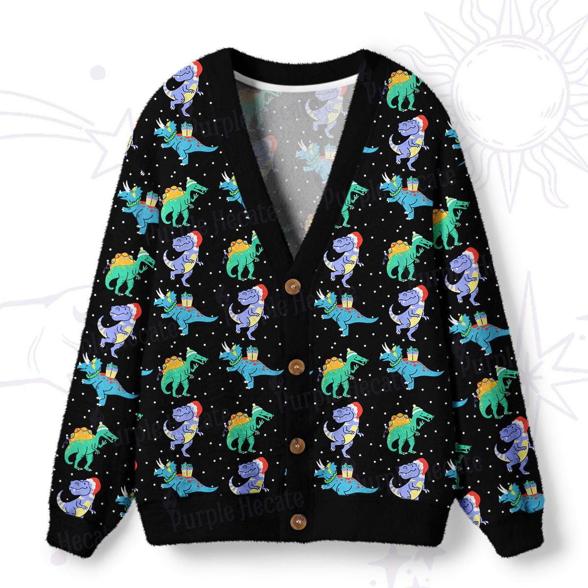 Purplehecate Funny Christmas Dinosaurs Ugly Cardigan Sweaters