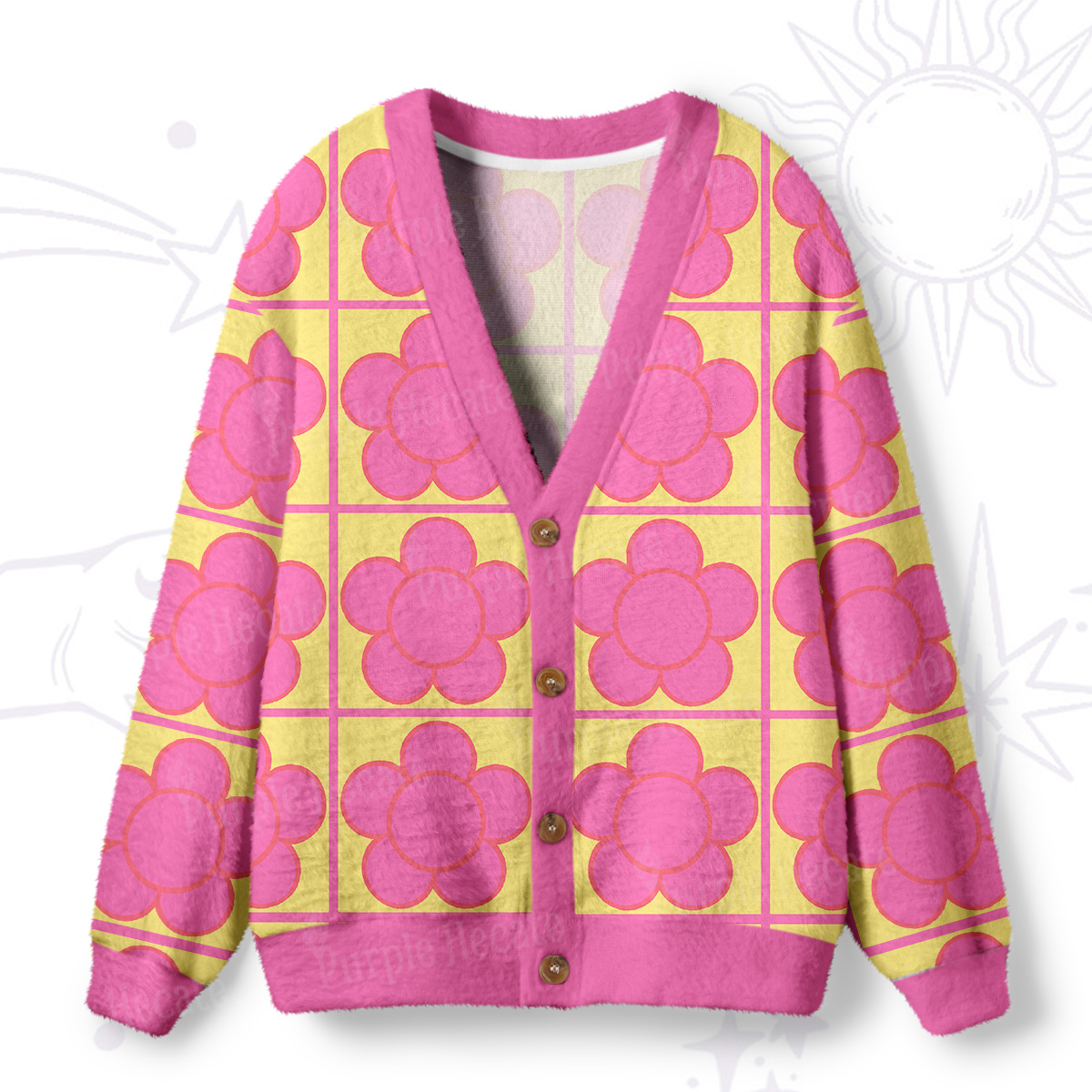 Purplehecate Bubble Flower Checkered Ugly Cardigan Sweaters