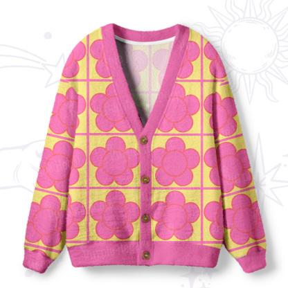 Purplehecate Bubble Flower Checkered Ugly Cardigan Sweaters