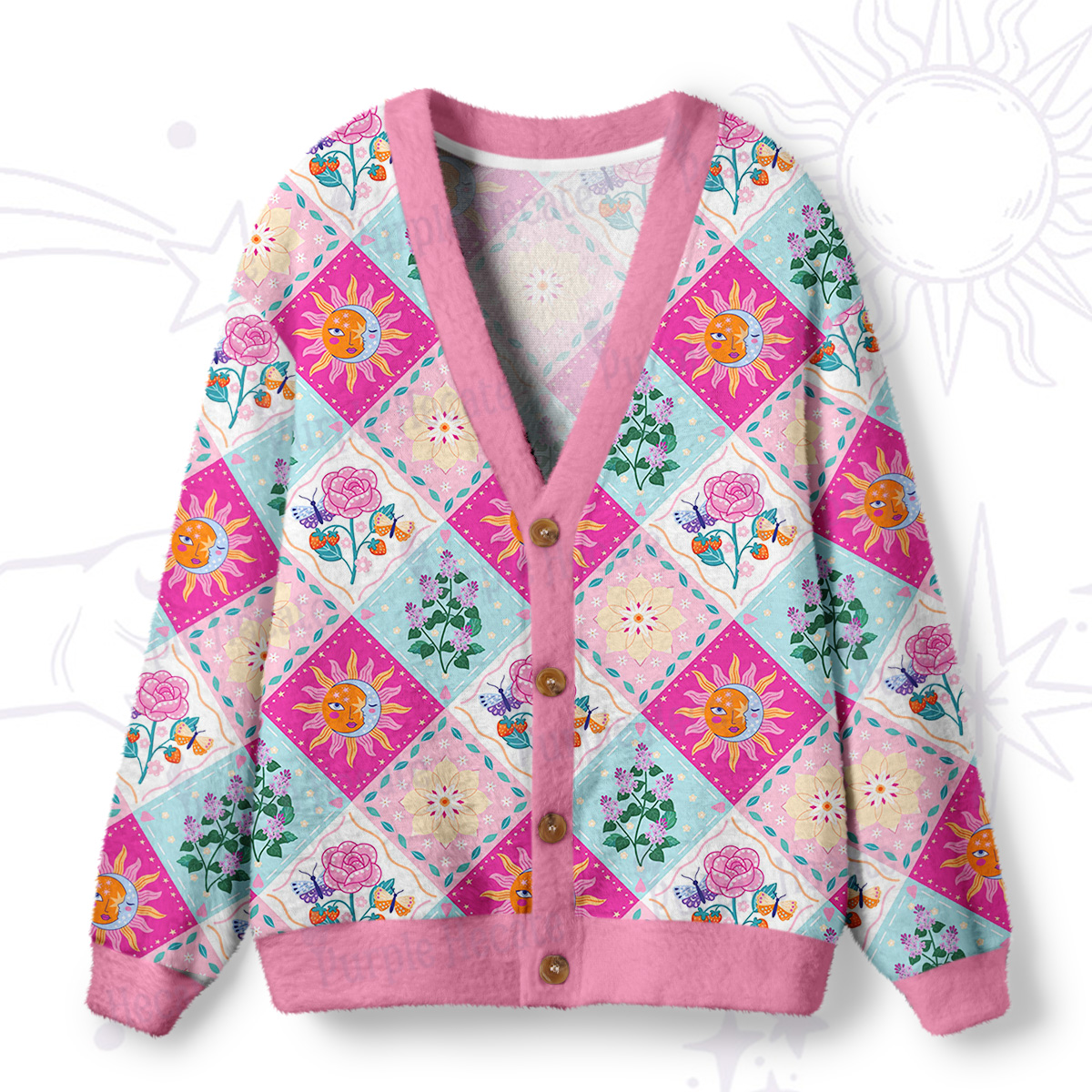 Purplehecate Celestial Sun & Moon Patchwork Ugly Cardigan Sweaters