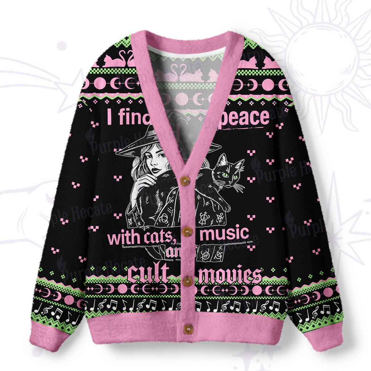 Purplehecate I Find Peace With Cats Music Cult Movies Ugly Cardigan Sweaters
