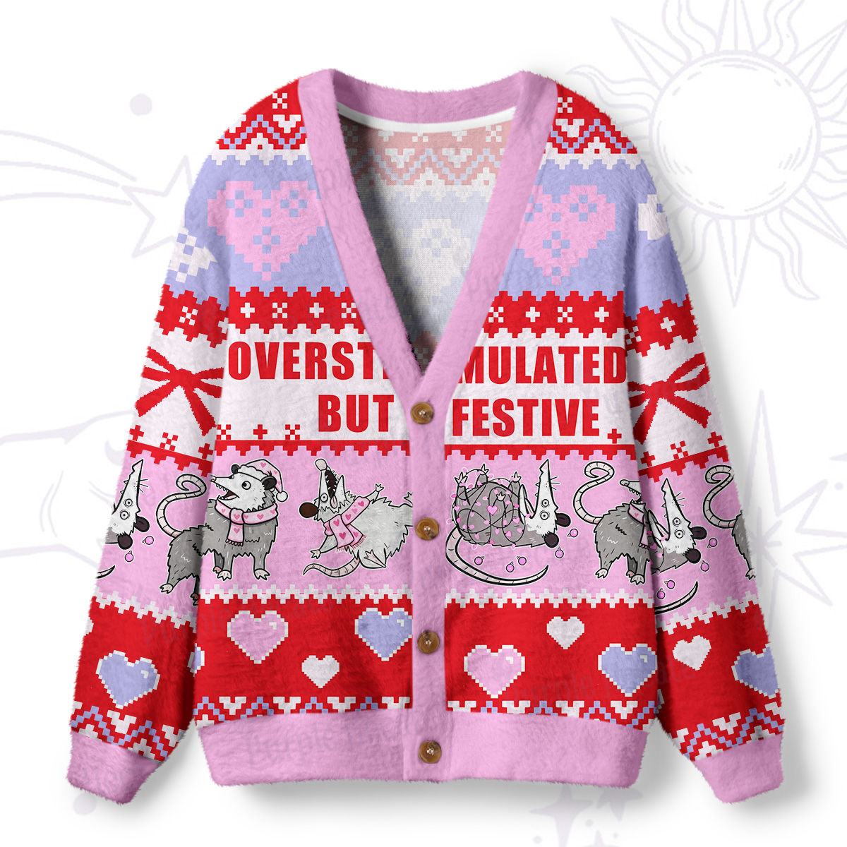 Purplehecate Overstimulated But Festive Possum Valentine Ugly Cardigan Sweaters