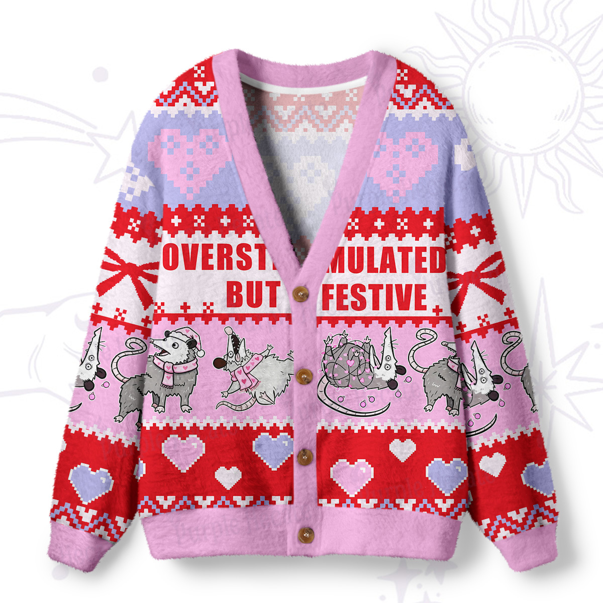 Magic Purplehecate Overstimulated But Festive Possum Valentine Ugly Cardigan Sweaters