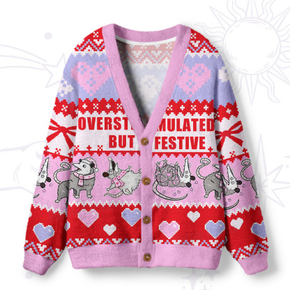 Purplehecate Overstimulated But Festive Possum Valentine Ugly Cardigan Sweaters