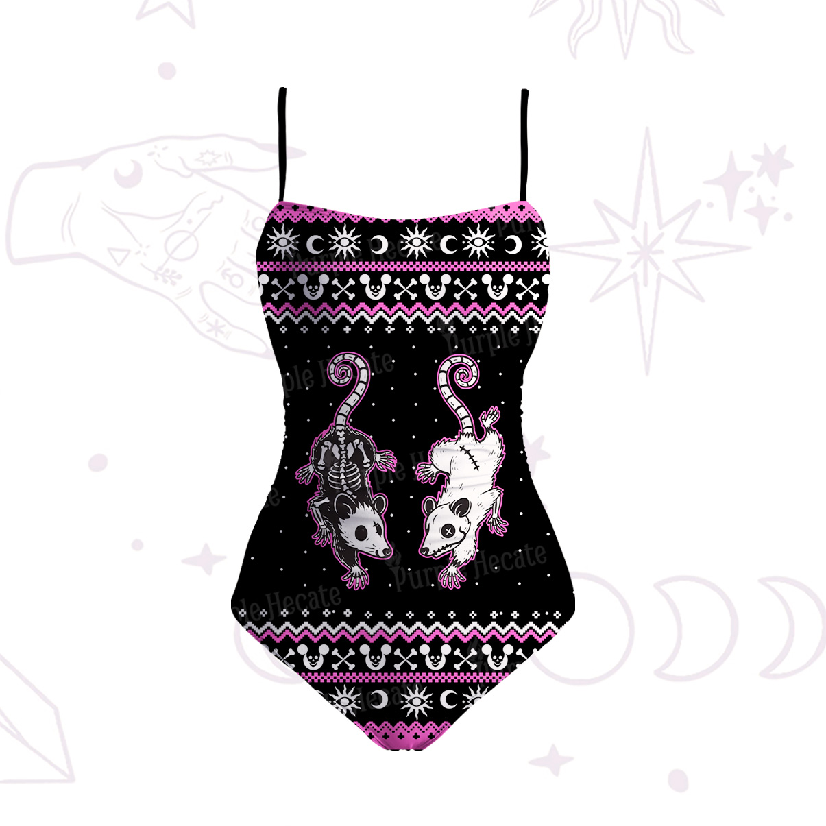 Purplehecate Moonlit Skeleton Rats Slim-Strap Swimsuit