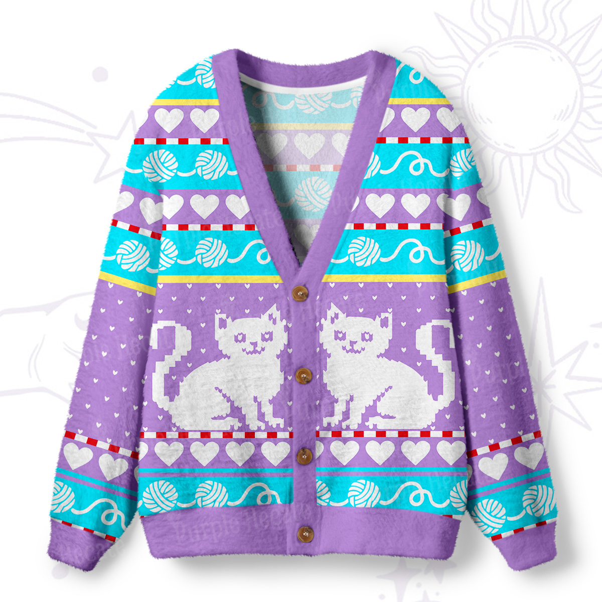 Purplehecate Whimsical Cat and Yarn  Ugly Cardigan Sweaters