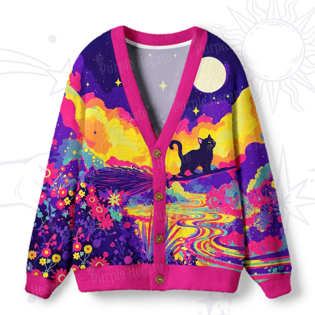 Purplehecate Midnight Cosmic Cat Fantasy Ugly Cardigan Sweaters