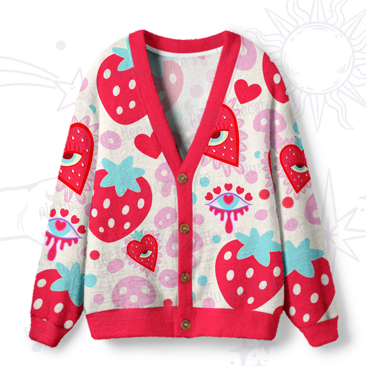 Purplehecate Whimsical Strawberry Hearts Ugly Cardigan Sweaters