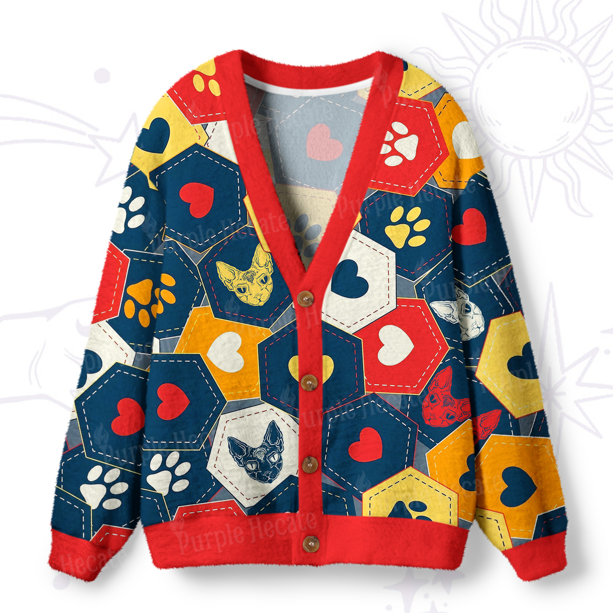Purplehecate Whimsical Cat Paw Love Ugly Cardigan Sweaters