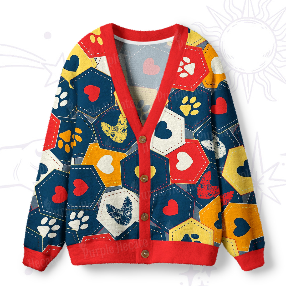 Purplehecate Whimsical Cat Paw Love Ugly Cardigan Sweaters