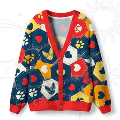 Purplehecate Whimsical Cat Paw Love Ugly Cardigan Sweaters