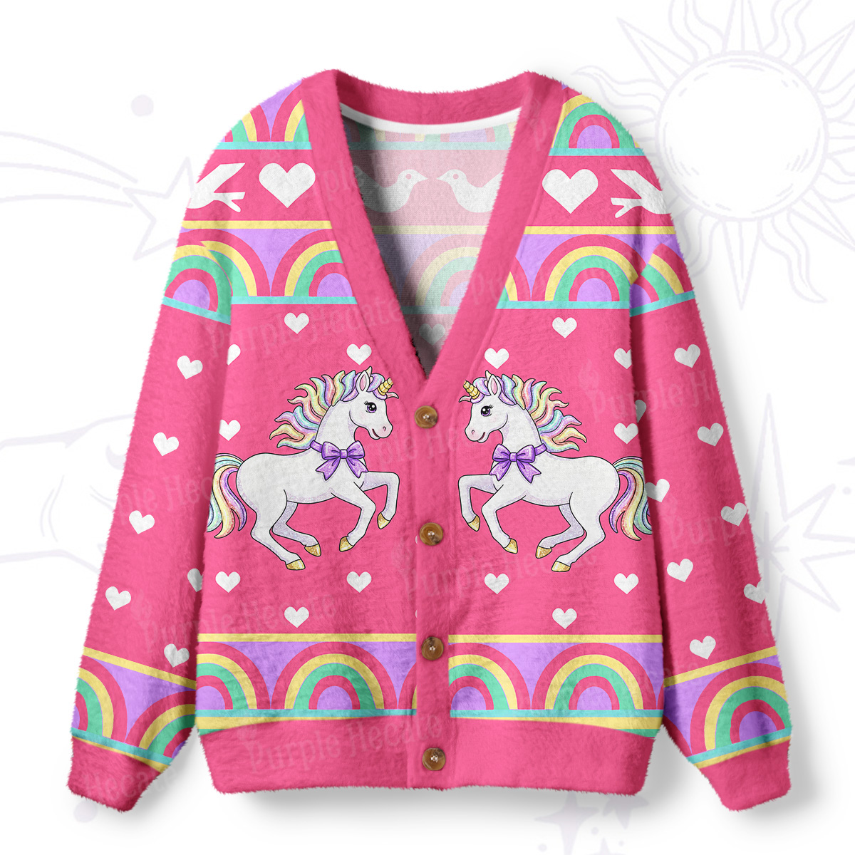 Purplehecate Enchanted Horned Steed Rainbow Ugly Cardigan Sweaters
