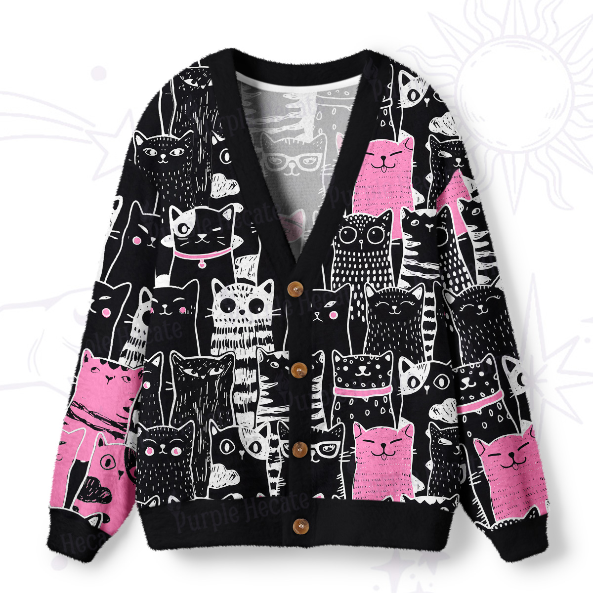 Purplehecate Cute Cat All Over Print Ugly Cardigan Sweaters