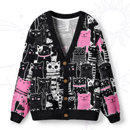 Purplehecate Cute Cat All Over Print Ugly Cardigan Sweaters