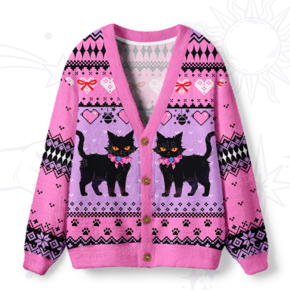 Purplehecate Witchy Black Cat Heart Ugly Cardigan Sweaters