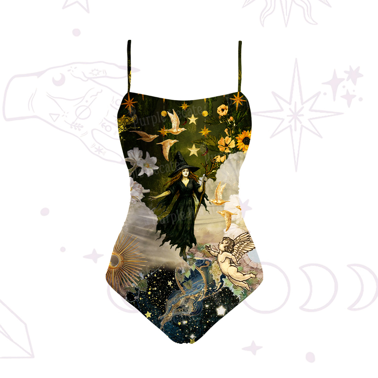 Purplehecate Garden of the Celestial Witch Slim-Strap Swimsuit