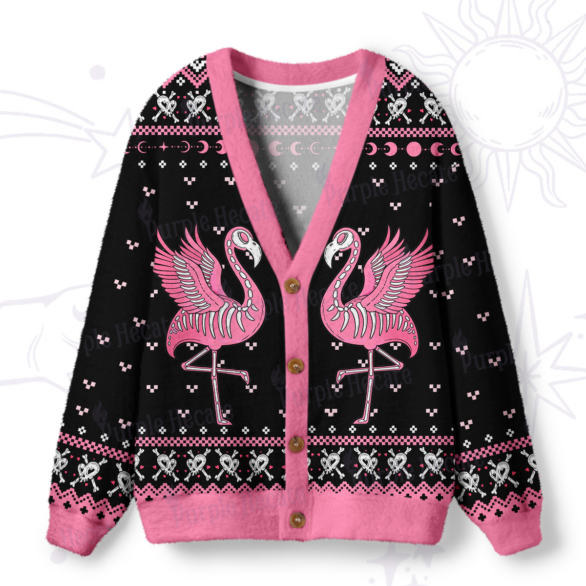 Purplehecate Witchy Pink Flamingo Skull Ugly Cardigan Sweaters