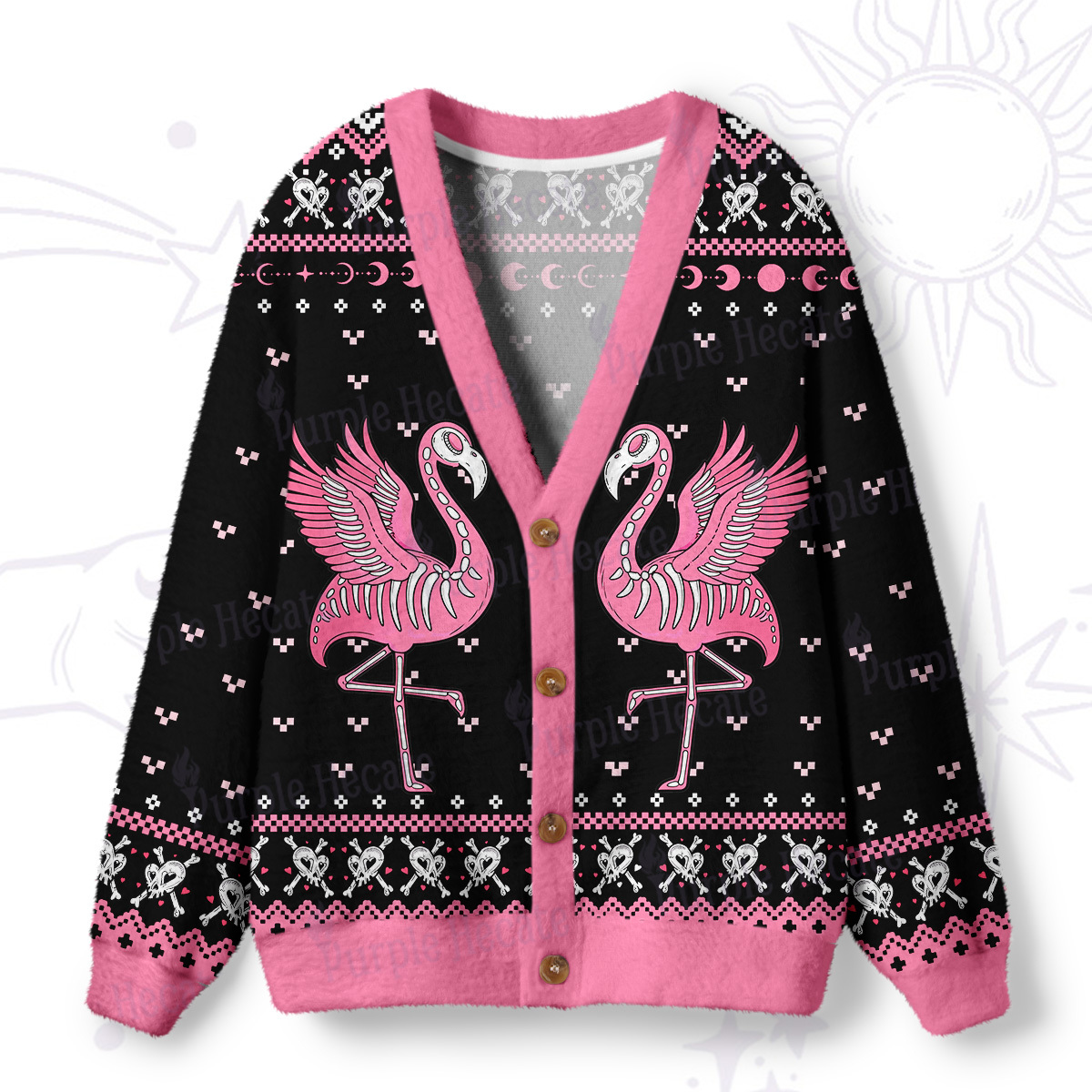 Purplehecate Witchy Pink Flamingo Skull Ugly Cardigan Sweaters