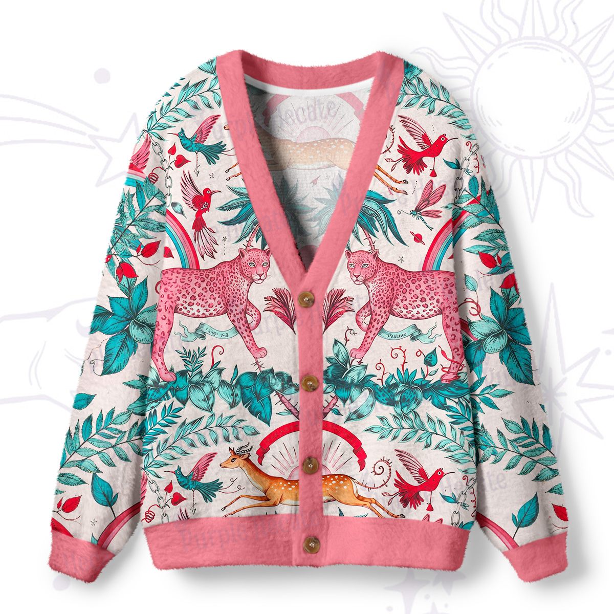 Purplehecate Enchanted Forest Pink Leopard Ugly Cardigan Sweaters