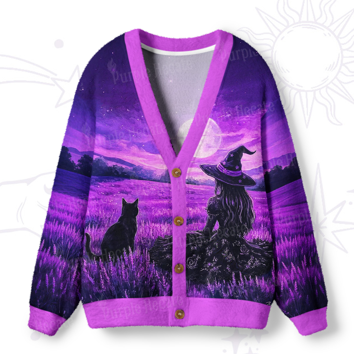 Purplehecate Dreamy Purple Witch and Black Cat Ugly Cardigan Sweaters