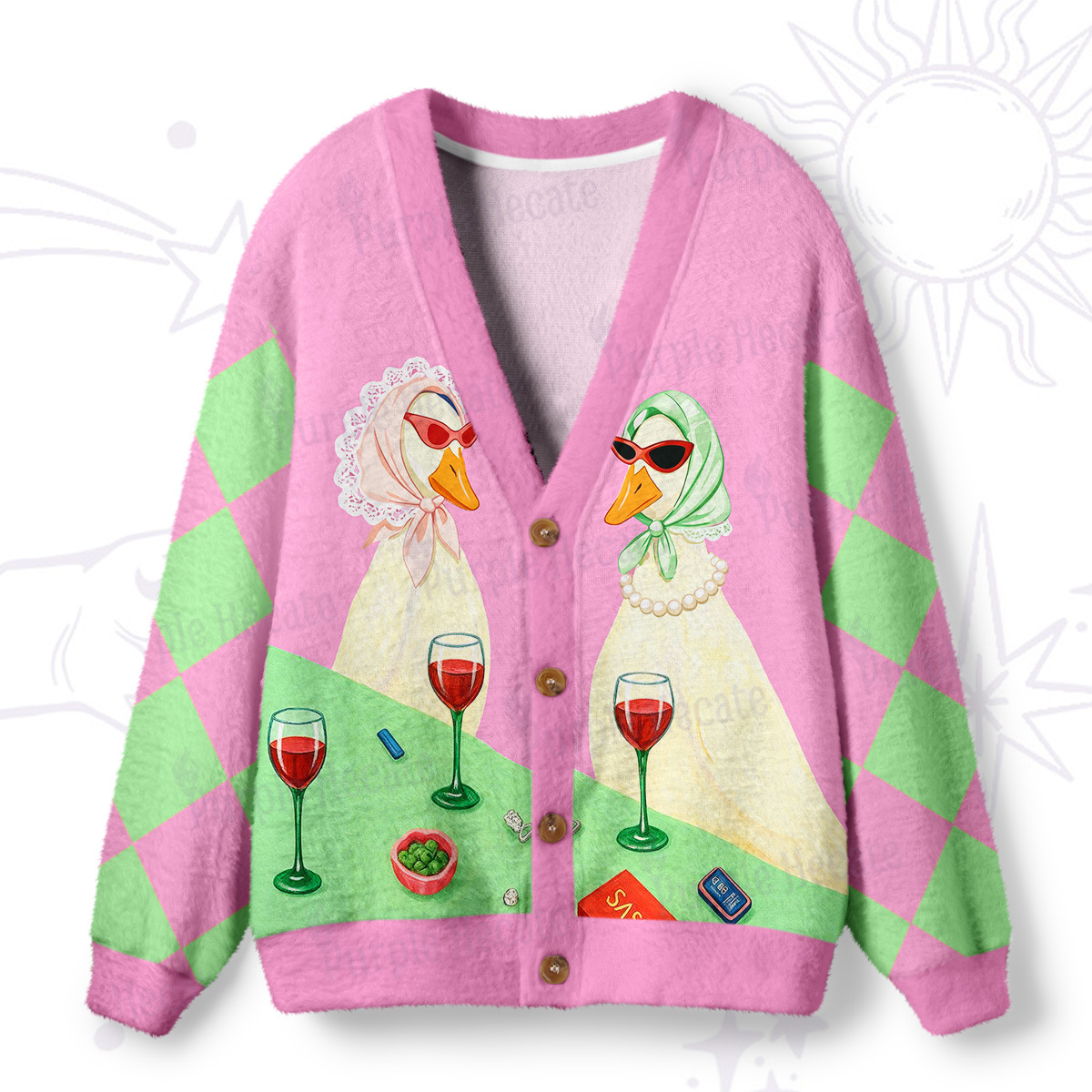 Purplehecate Tipsy Goose Wine Party Ugly Cardigan Sweaters