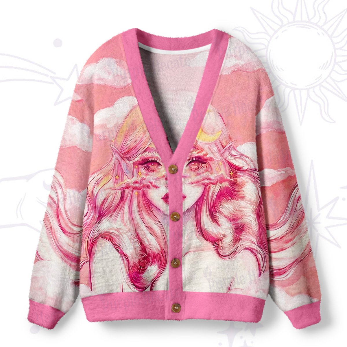 Purplehecate Pink Moon Goddess Witchy Ugly Cardigan Sweaters