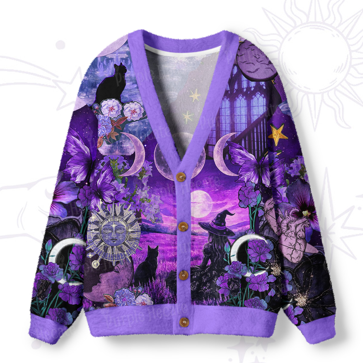 Purplehecate Witchy Black Cat Moon Ugly Cardigan Sweaters