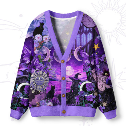 Purplehecate Witchy Black Cat Moon Ugly Cardigan Sweaters