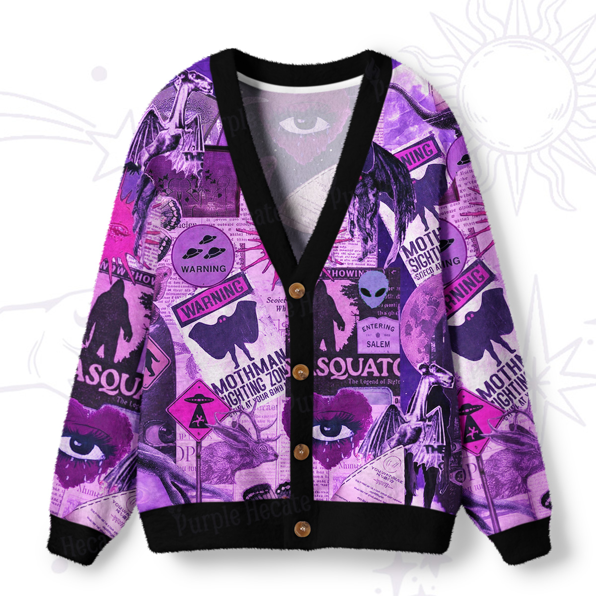 Purplehecate Cryptid Warning Collage Ugly Cardigan Sweaters