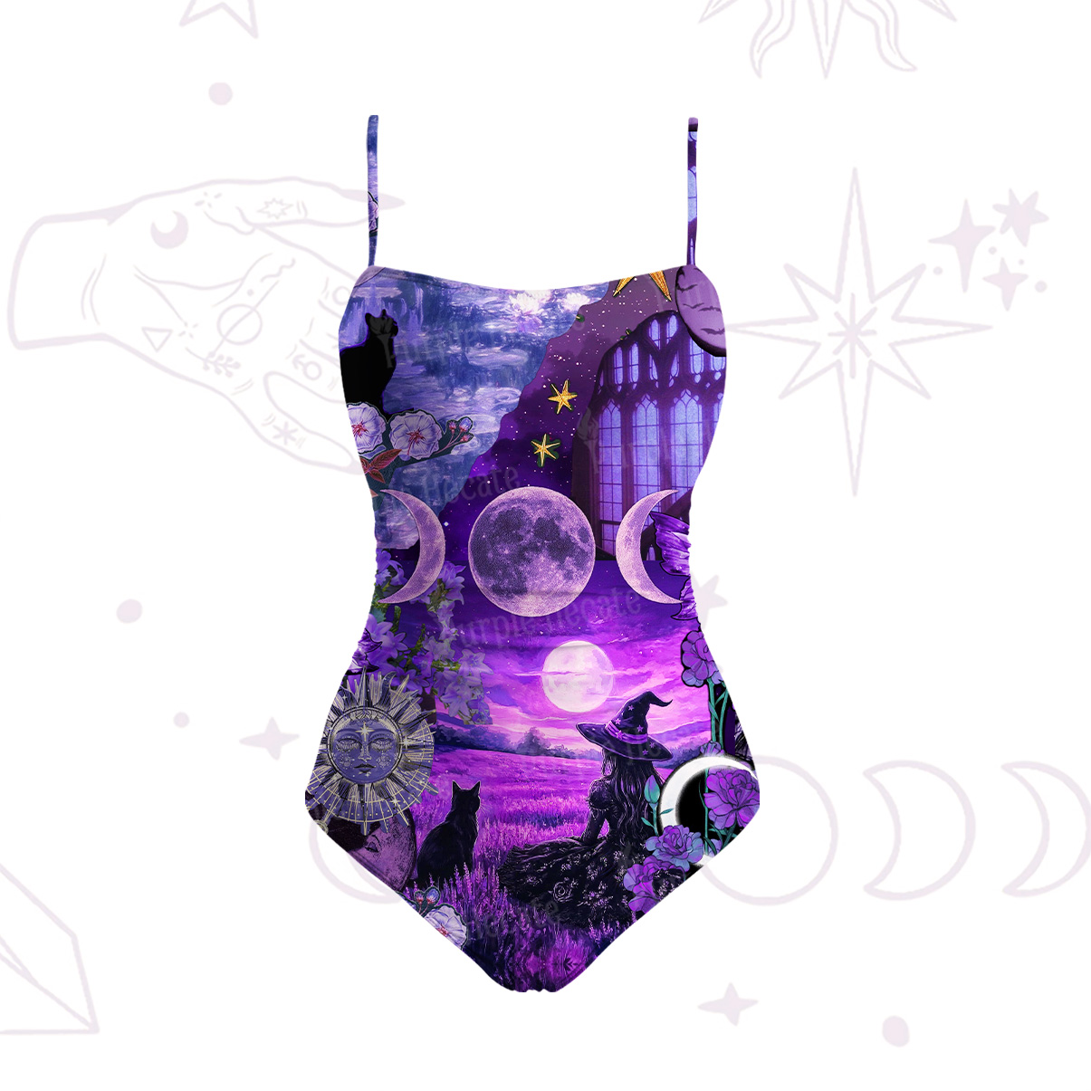 Purplehecate Witchy Black Cat Moon Slim-Strap Swimsuit