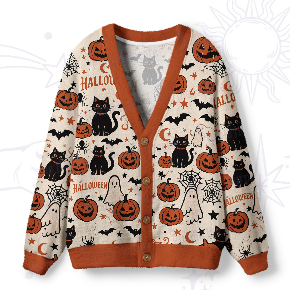 Purplehecate Halloween Ghost Black Cat Ugly Cardigan Sweaters