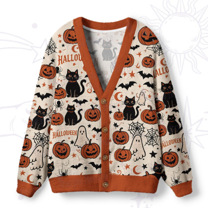 Purplehecate Halloween Ghost Black Cat Ugly Cardigan Sweaters