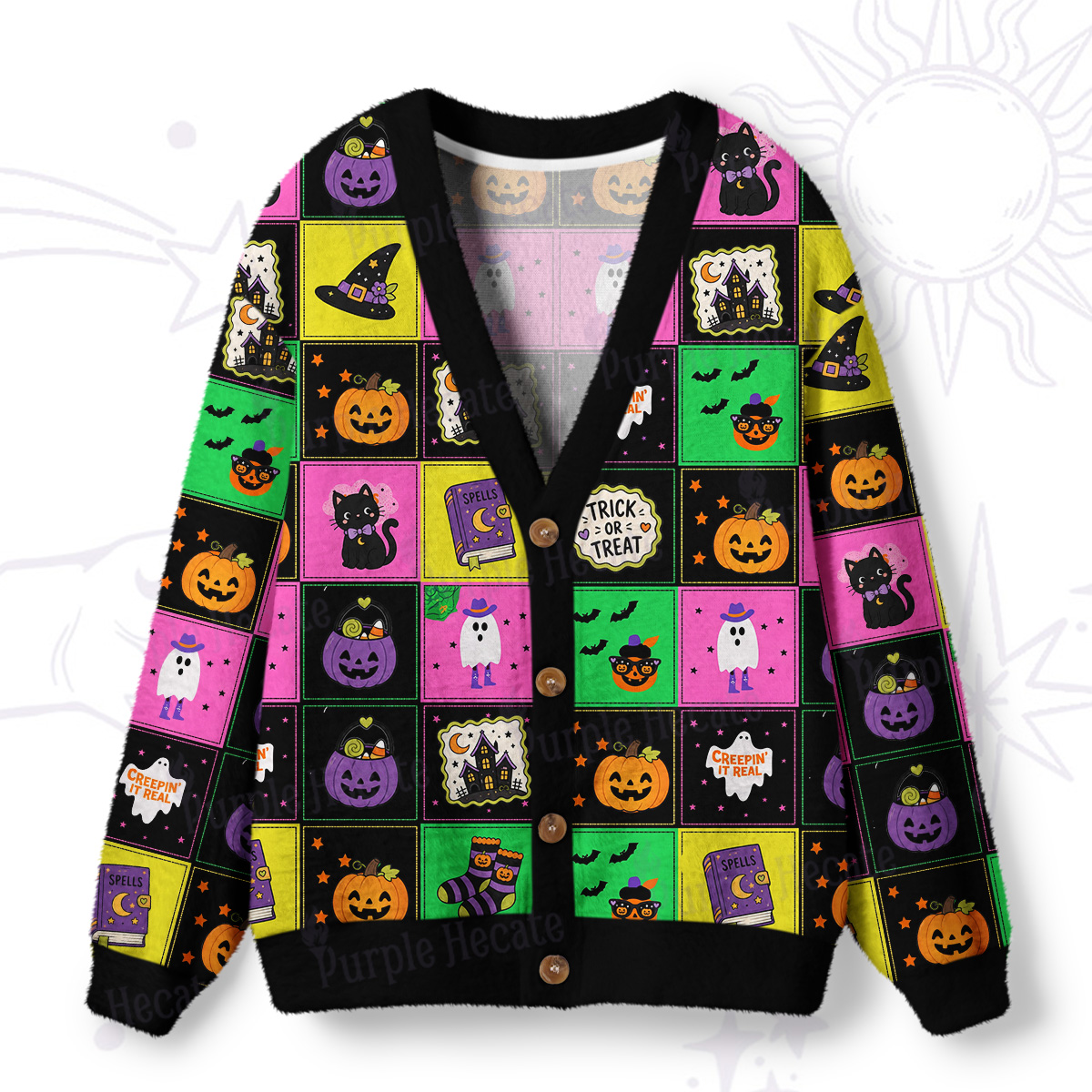 Purplehecate Trick or Treat Halloween Patchwork Ugly Cardigan Sweaters