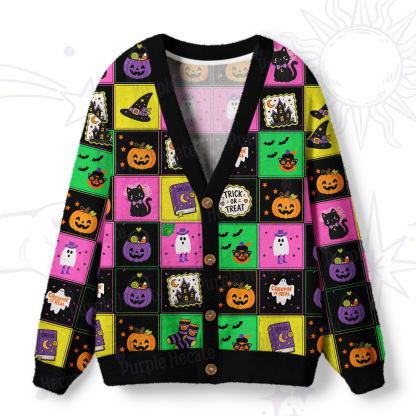Purplehecate Trick or Treat Halloween Patchwork Ugly Cardigan Sweaters