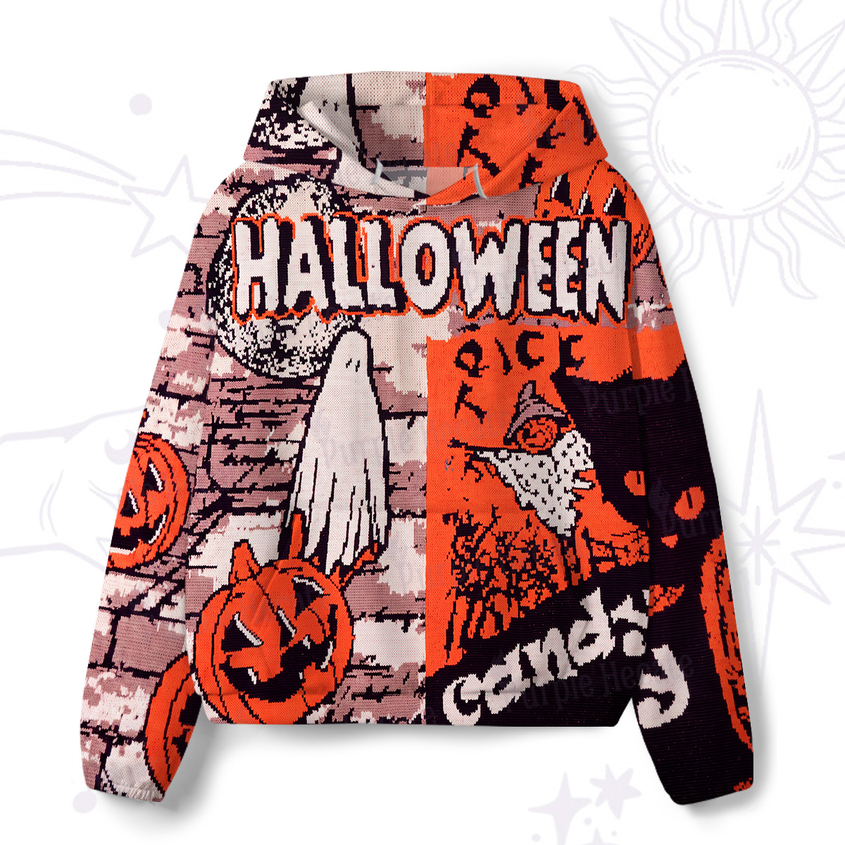 Purplehecate Pumpkin Orange Ghost All-Over Print Hoodie